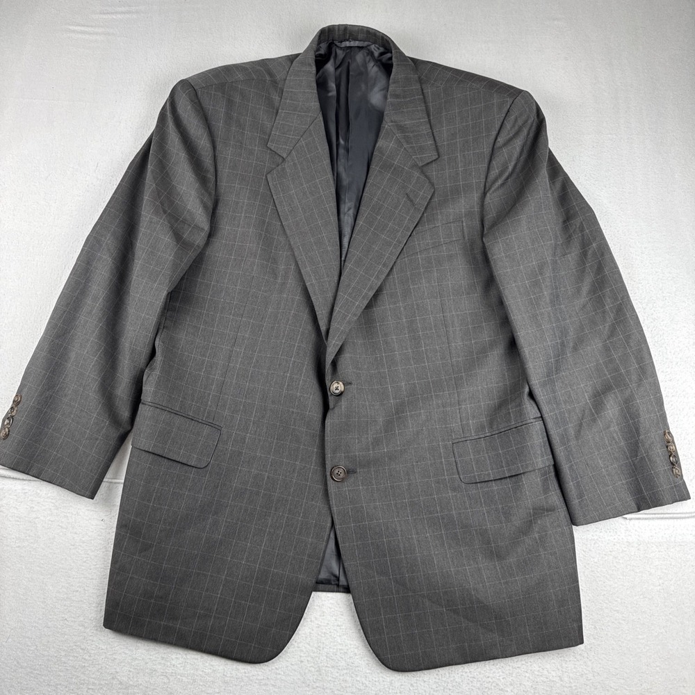 VTG Hickey Freeman Loro Piana Wool Grid Plaid Gray Blazer 46R office business
